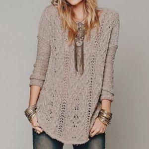 Free People Tan Taupe Cable Knit V-Neck Cross My Neck Sweater